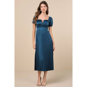 Lulus Flawless Forever Teal Satin Pleated Midi Dress Blue - Size M